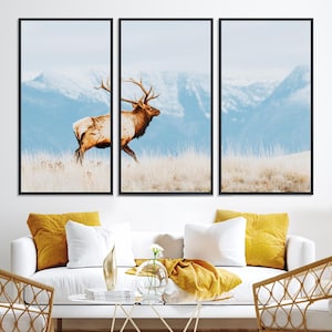 Highland Wildlife Wall Art Canvas Print, Western Cabin Style Canvas Wall Art, Framed Elk Art Print, Large Mountain Wildlife Printing