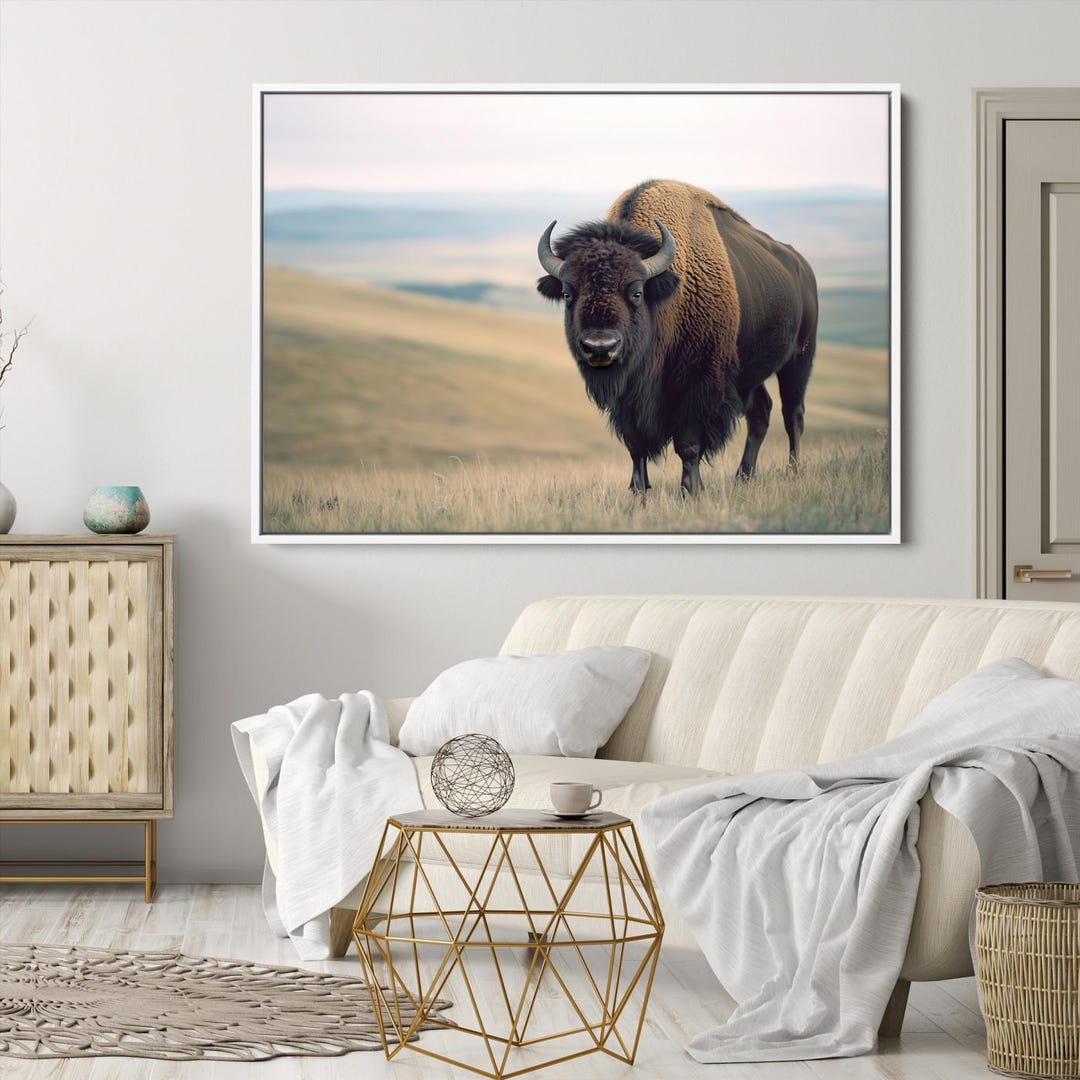 Bison in Prairie Wall Art Canvas Print, Framed Rustic Buffalo Art ...