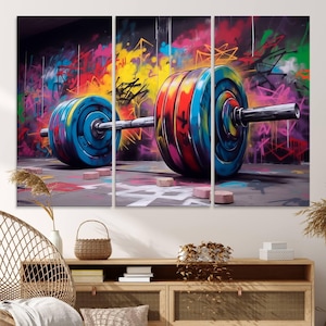 Gym Canvas Wall Art Barbell Graffiti Print Weightlifting Decor Sport Motivational Canvas Fitness Wall Art Print Canvas Framed Ready to Hang