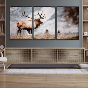 Elk Photography Wall Art Canvas Print, Mountain Wildlife Canvas Wall Art, Framed Rustic Nature Art Print, Large Forest Animal Art Printing
