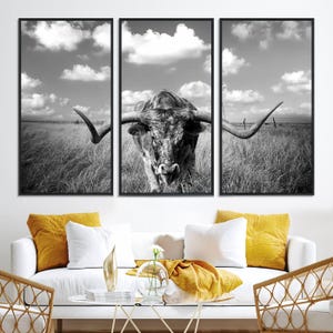 Majestic Texas Longhorn Bull Canvas Wall Art for Farmhouse Wall Decor, Texas Cow Wall Decor Theme Print on Canvas, Horn Cow Canvas Print