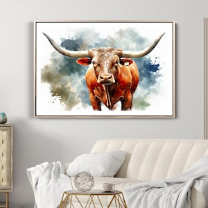 Texas Longhorn Wall Art Canvas Print, Framed Rustic Cattle Art Picture Print, Western Bull Perfect Rustic Western Decor Artwork
