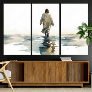 Jesus Walking on Water Wall Art Canvas Print, Christian Theme Wall Art Print, Prayer Room Wall Art, Watercolor Jesus Abstract Wall Art Print