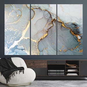 Blue Gold Abstract Canvas Print, Framed Fluid Acrylic Art Print for Living Room Decor Wall Art Ready to Hang, Abstract Marble Wall Art Print