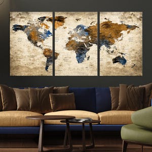 Art mural carte du monde de style vintage, grande carte du monde multi-panneaux, toile encadrée bleue et marron détaillée, prête à accrocher, oeuvre d'art de carte du monde