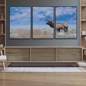 Pastel Elk Wall Art Canvas Print, Rustic Wildlife Canvas Wall Art, Framed Mountain Animal Art Print, Large Antler Wall Piece Printing