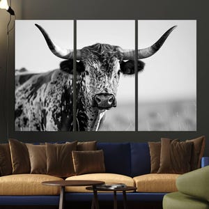 Large Texas Longhorn Cow Canvas Wall Art  Print – Rustic Triptych Cattle Print – Framed and Ready to Hang for Farmhouse or Living Room Decor