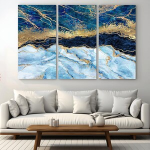 Abstract Wall Art Canvas Print, Blue Gold Abstract Large Canvas Print, 3 Panel Abstract Print, Ready to Hang, Free Shipping, Framed