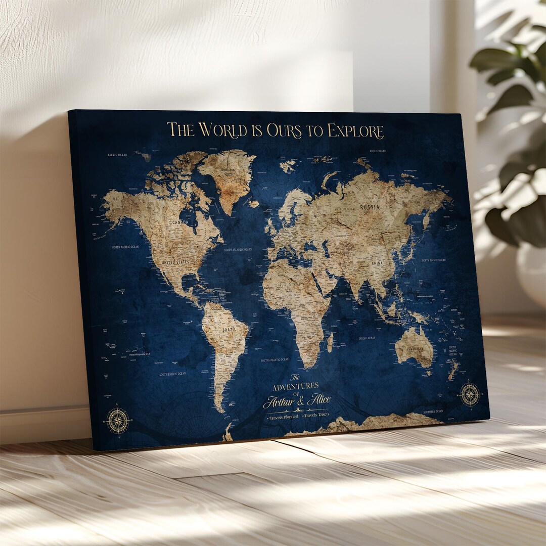 Personalized Push Pin World Map Print, Custom Framed Canvas Wall Art ...