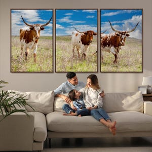 Texas Longhorn Wall Art Canvas Print, Western Decor Canvas Wall Art, Framed Rustic Farmhouse Art Print, Large Longhorn Cattle Art Printing