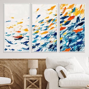 Colorful Fish Wall Art Canvas Print, Framed Fish Swarm Art Picture Print, Brushstroke Fish Perfect Modern Coastal Decor Artwork