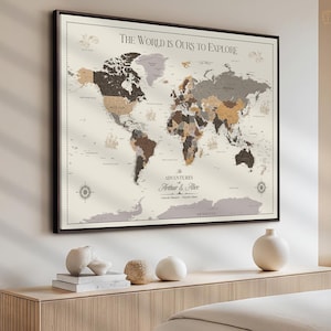 Personalized World Map Canvas, Vintage Style World Map, Travel Map, Push Pin World Map, Framed Canvas Print, World Map Wall Art, Home Decor