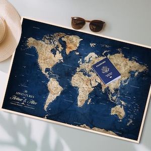 Impresión personalizada de mapa del mundo con chinchetas, lienzo con marco personalizado para pared. Impresión en lienzo de mapa del mundo con chinchetas, lienzo con marco personalizado para pared para viajeros.