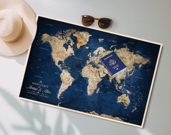 Impresión personalizada de mapa del mundo con chinchetas, lienzo con marco personalizado para pared. Impresión en lienzo de mapa del mundo con chinchetas, lienzo con marco personalizado para pared para viajeros.