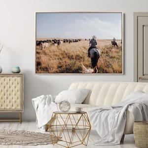 Western Cowboy Wall Art Canvas Print, Framed Cowboy Horseback Art Picture Print, Cattle Drive Scene Perfect Rustic Western Decor Artwork