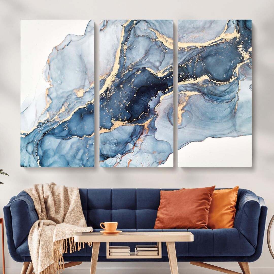Modern Blue Gold Abstract Wall Art Canvas Print - Marble Art Minimalist ...