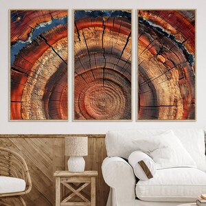 Impressão de arte de parede emoldurada com anel de árvore abstrata, impressão em tela com textura de grão de madeira natural, casa de fazenda rústica com toco de árvore, decoração de casa de madeira em cabana de madeira