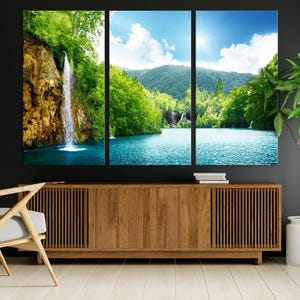 Large Wall Art Waterfall Canvas Print - Big Waterfalls in Forest with Mountain View