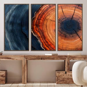 Impressão de arte de parede emoldurada com anel de árvore abstrata, impressão em tela com textura de madeira rústica natural, toco de árvore de madeira, decoração de casa de madeira em cabana de madeira