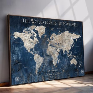 Custom Push Pin World Map Wall Canvas Print – Personalized Travel Tracker with Pins – Framed Large Multi-Size Canvas for Home Office Decor
