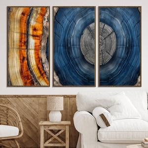 Impressão de arte de parede emoldurada com anel de árvore abstrata, impressão em tela com textura de madeira rústica natural, toco de árvore de madeira, decoração de casa de madeira em cabana de madeira