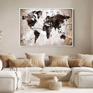 Impresión en lienzo de arte mural con mapa del mundo, impresión artística de mapa rústico enmarcado, mapa con acabado antiguo, obra de arte decorativa vintage perfecta para exploradores.