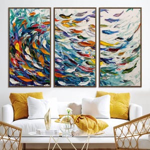 Watercolor Fish Wall Art Canvas Print, Framed Vibrant Swirl Art Picture Print, Fish Swarm Perfect Vibrant Coastal Decor Artwork