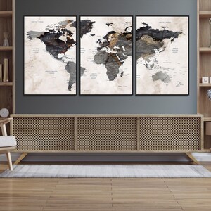Impression sur toile d'art mural carte du monde, impression de photo d'art carte rustique encadrée, oeuvre d'art déco explorateur rustique parfait de carte du monde