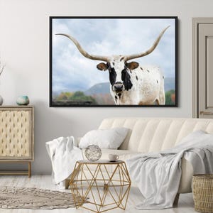 Texas Longhorn Wall Art Canvas Print, Framed Western Rustic Art Picture Print, Farmhouse Cow Perfect Rustic Farmhouse Decor Artwork