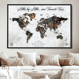 Custom Push Pin World Map Canvas Print – Personalized World Map Artwork Print with Pins to Track Places, Great Decorative Map Print