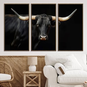 Framed Texas Longhorn Bull Art Canvas Print, Western Bull Wall Art Print, Long Horn Bull Photo Print for Log Cabin, Large Bull Picture Print