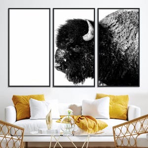 Bison Black and White Canvas Wall Art – Majestic Wildlife Photography – Framed, Ready to Hang for Farmhouse or Living Room Wall Decor Print