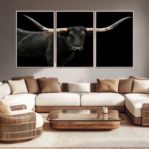 Texas Longhorn Wall Art Canvas Print, Framed Rustic Black Cow Art Picture Print, Cattle Photography Perfect Western Minimalist Decor Artwork