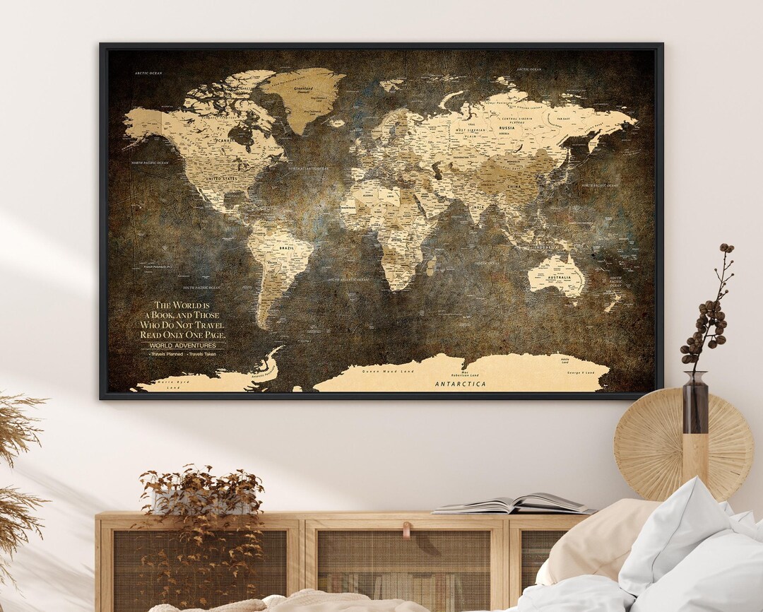 Push Pin World Map, Custom World Map Canvas, Large World Map, Rustic ...