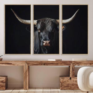 Texas Longhorn Wall Art Print, Framed Black Cow Canvas Print, Rustic Highland Bull Art Printing, Large Western Cow Picture for Country Decor