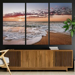 Beach Sunset Wall Art Canvas Print, Framed Sandy Shore Art Picture Print, Ocean and Sun Perfect Minimalist Coastal Decor Artwork