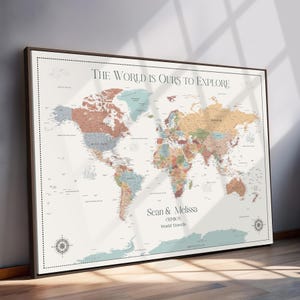 Custom World Map Travel World Map with Pins – Framed Personalized Map Wall Art Print to Track Travel and Trips, Home Office Art and Gift