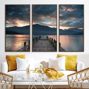 Mountain Lake Wall Art Canvas Print, Framed Sunset Reflection Art Picture Print, Calm Horizon Perfect Moody Nature Decor Artwork