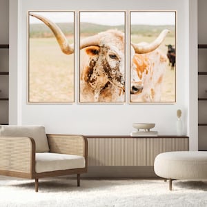 Longhorn Cattle Wall Art Canvas Print, Framed Spotted Cow Art Picture Print, Western Bull Perfect Rustic Western Decor Artwork