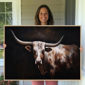 Texas Cow Longhorn Wall Art Print, Rustic Bull Canvas Wall Art for Home and Office, Framed Country Longhorn Art Printing, Large Abstract Cow