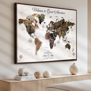Tela personalizada com mapa-múndi em formato de alfinete: arte de viagem personalizada, feita à mão nos EUA