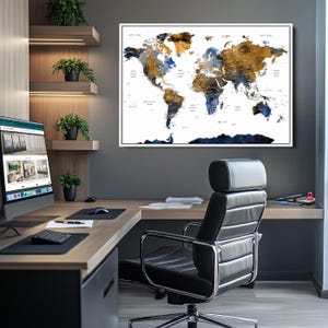 Impression sur toile d'art mural carte du monde, impression de photo d'art carte encadrée en or bleu, oeuvre de décoration rustique moderne parfaite de l'atlas