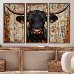 Abstract Cow Longhorn Bull Wall Art, Buffalo Canvas, Rustic Texas Western Cattle Artwork, Farmhouse Decor, Bull Wall Art, Highland Cow Print