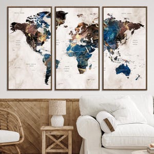 世界地図ウォールアートキャンバスプリント、額入りヴィンテージマップアートピクチャープリント、世界地図作成に最適なヴィンテージエクスプローラー装飾アートワーク
