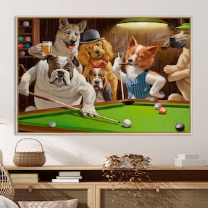 Dogs Playing Pool Canvas Art: Funny Billiard Room Decor