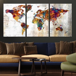 Impression sur toile d'art mural carte du monde coloré, impression photo encadrée d'art aquarelle terre, carte arc-en-ciel parfaite oeuvre de décoration d'explorateur urbain