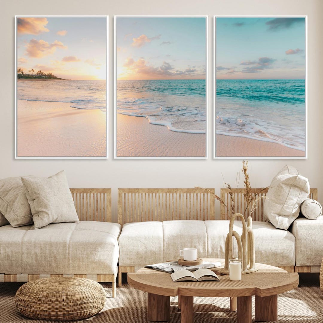 Beach Sunset Wall Art Canvas Print, Framed Ocean Waves Art Picture ...