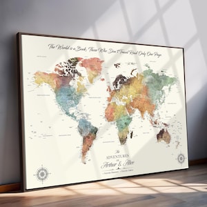 Framed Custom World Map Canvas Print, Personalized World Map Wall Art, World Map Poster, Push Pin World Map, Large World Map, Custom Gift
