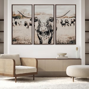 Texas Longhorn Wall Art Canvas Print, Framed Speckled Cow Art Picture Print, Horned Cattle Perfect Rustic Western Decor Art for Farmhouse