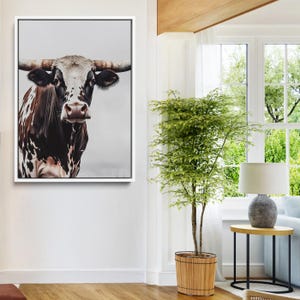 Texas Longhorn Wall Art Canvas Print, Framed Spotted Cow Art Picture Print, Horned Cattle Perfect Moody Western Decor Artwork  for Farmhouse